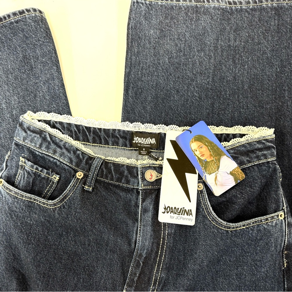 JOAQUINA Dark Wash Blue Denim with White Lace Trim Jeans, Sz 6, NWT